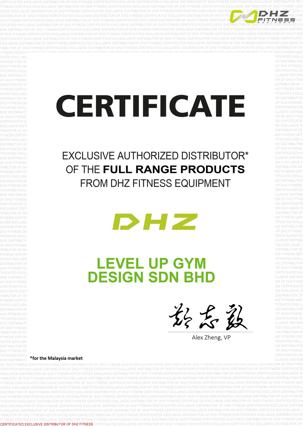 DHZ Fitness exclusive authorized distributor certificate - Level Up Gym Design Sdn Bhd, for the Malaysia market